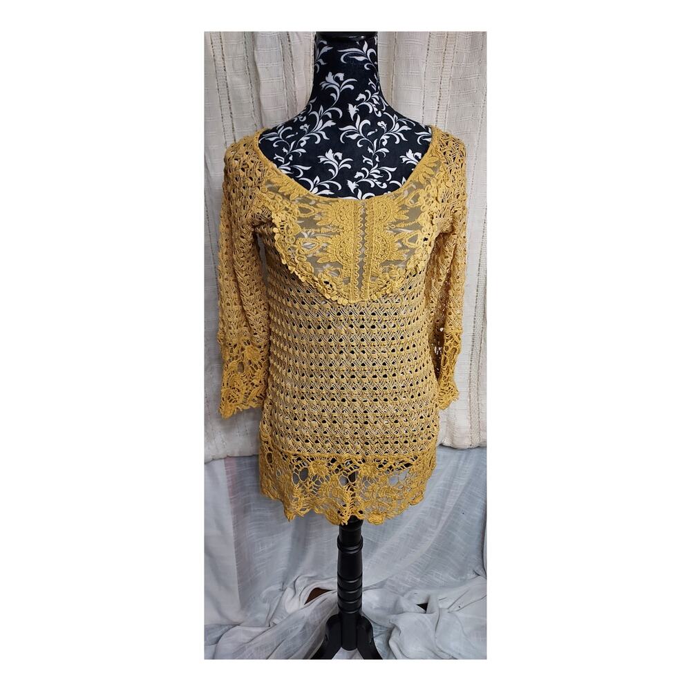 Umgee Women's Crochet Boho Pullover Gold Mini Dress 3/4 Sleeves Size Small